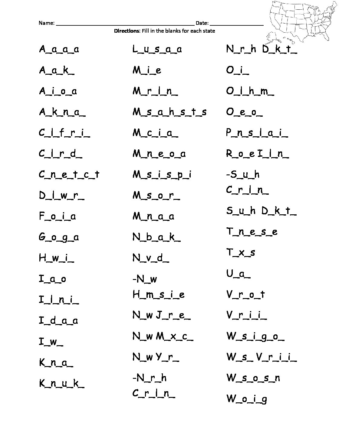 50 States of the USA List of States Fill in the Blank Letters Printable Activity