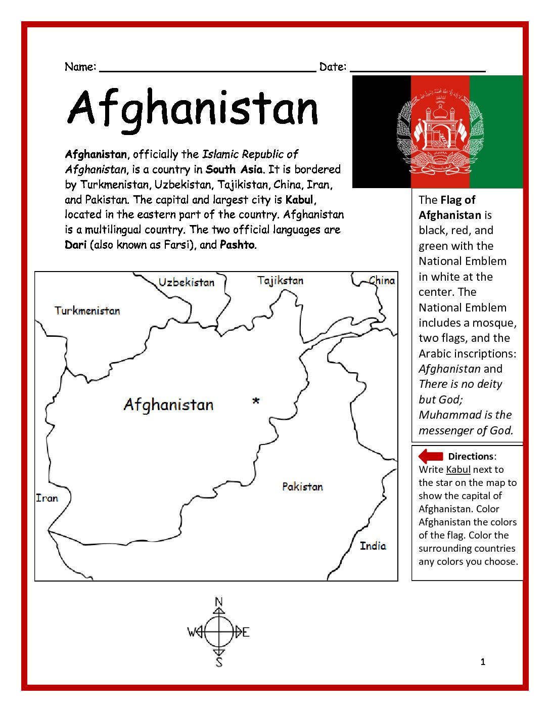 Afghanistan Printable Worksheet