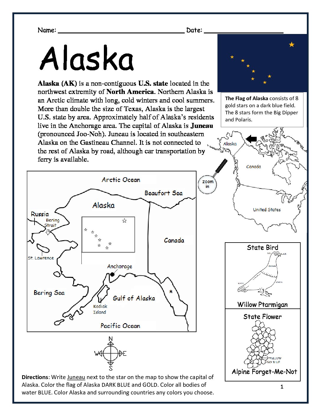 Alaska Printable Worksheet with Map and Flag