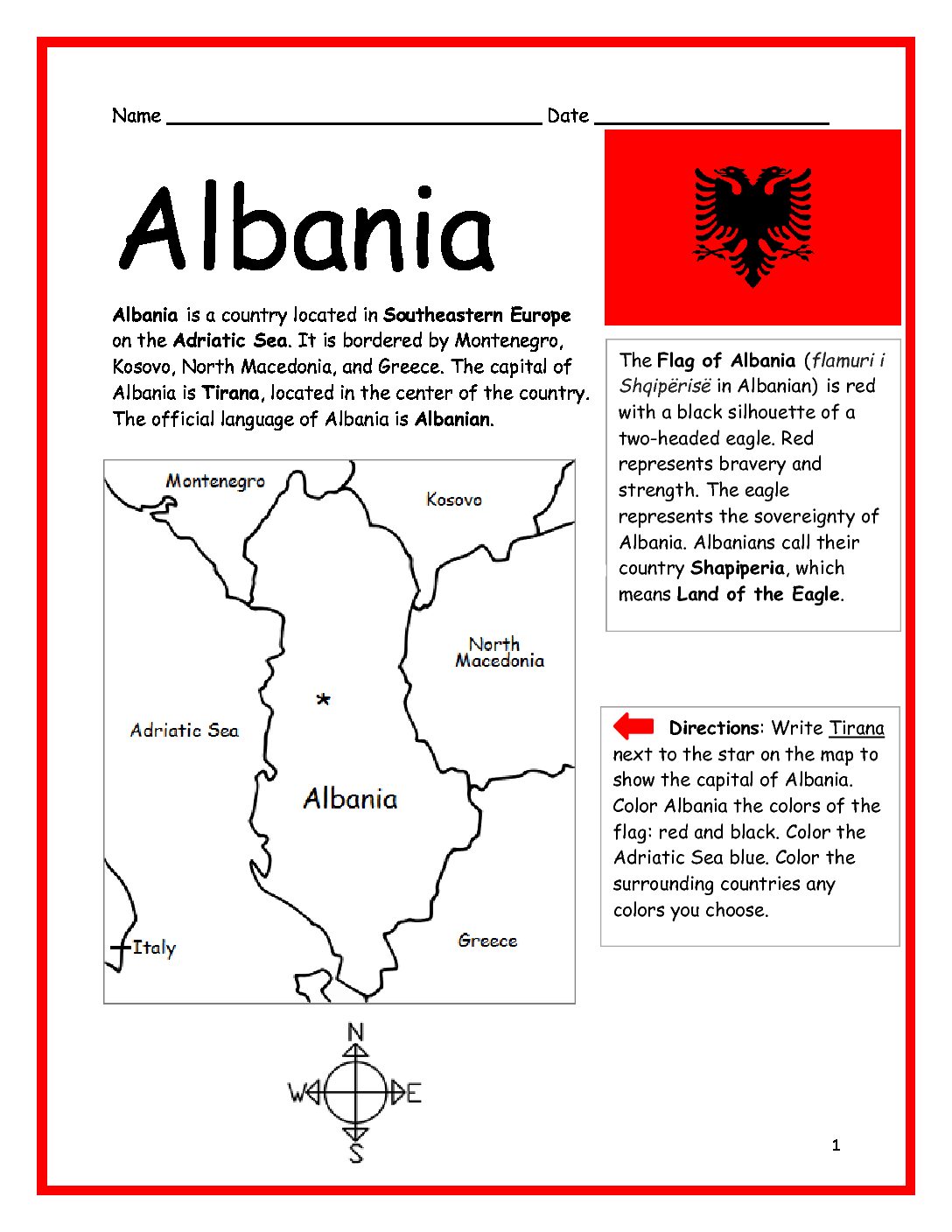 Albania Printable Worksheet with Map and Flag