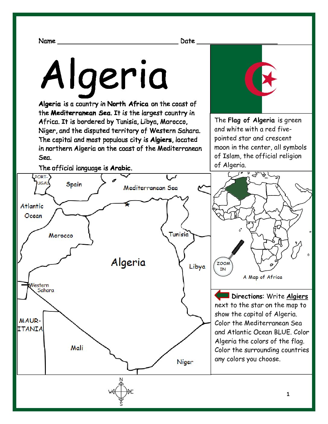 Algeria - Introductory Geography Worksheet 