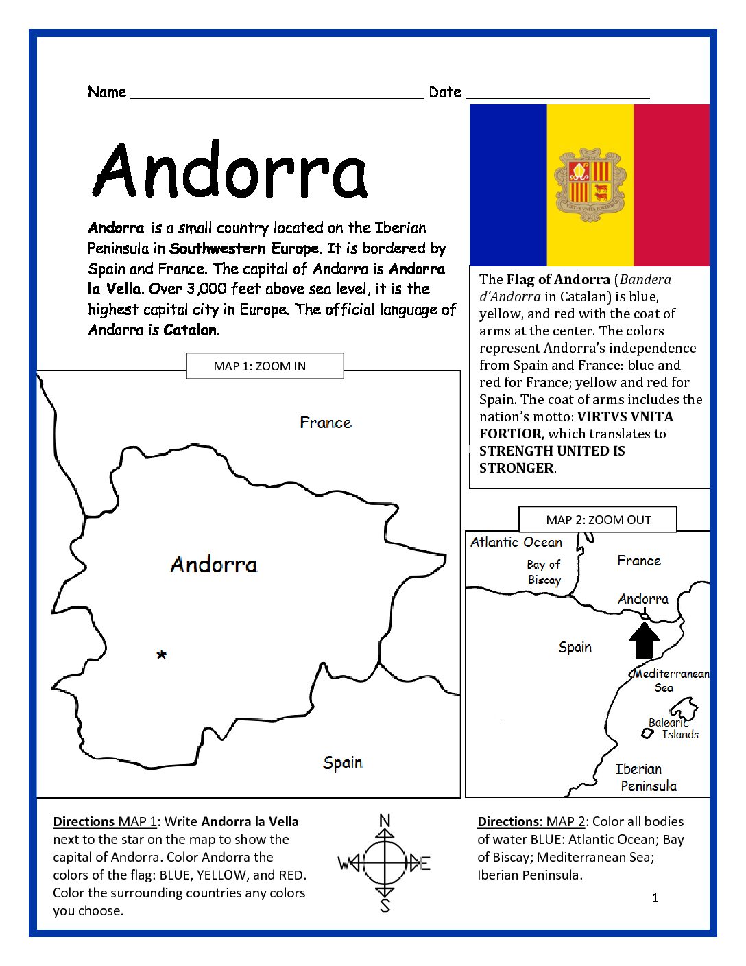 Andorra Printable Worksheet with Map and Flag