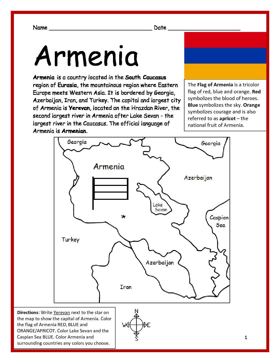 Armenia Printable Worksheet with Map and Flag