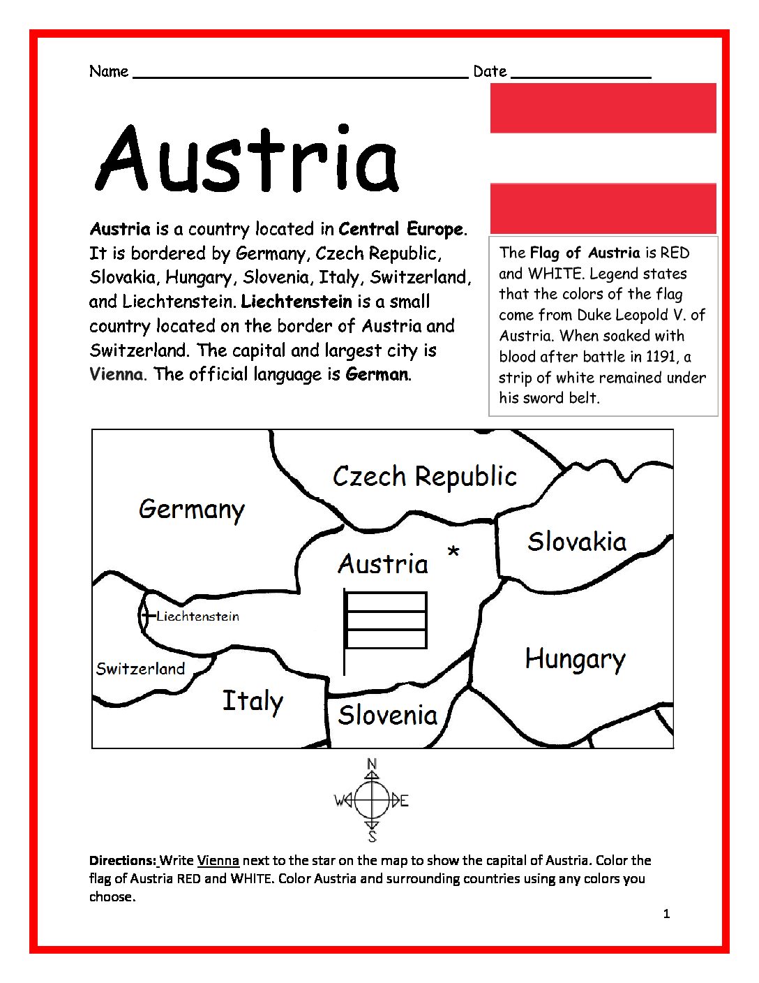 Austria Printable Worksheet with Map and Flag