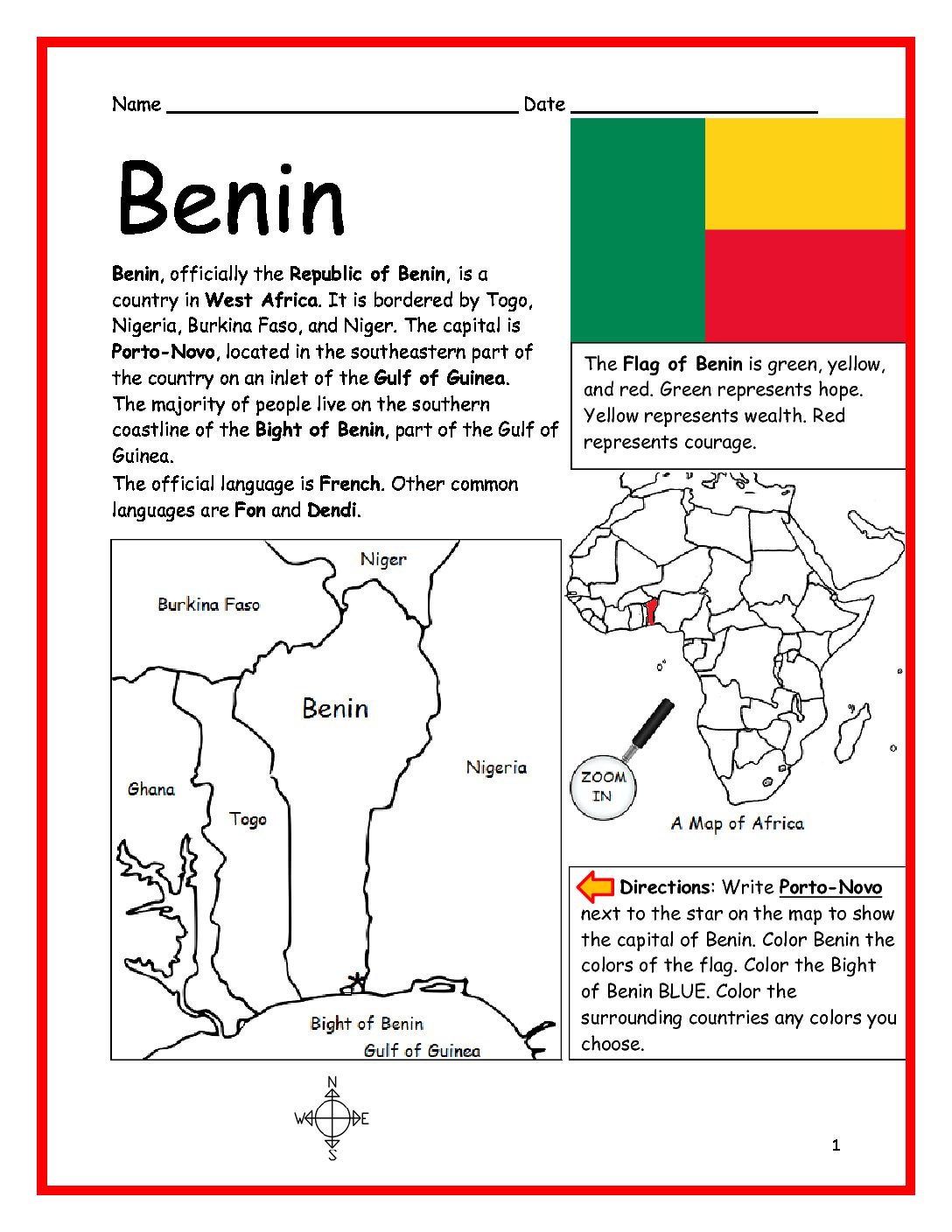 Benin Printable Worksheet with Map and Flag