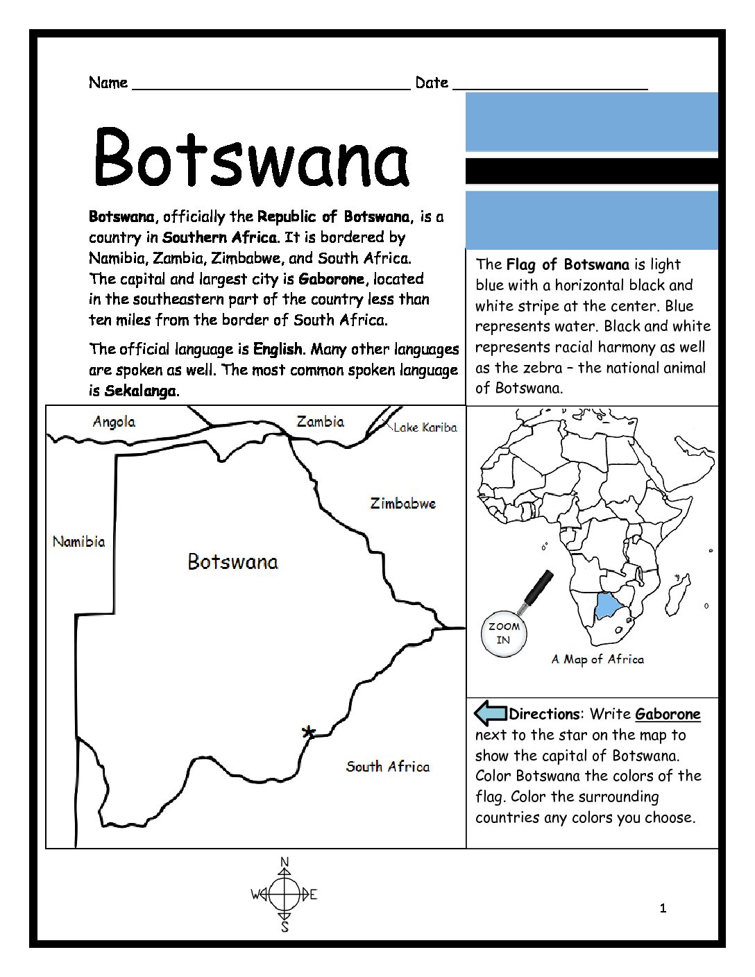 Botswana Printable Worksheet with Map and Flag