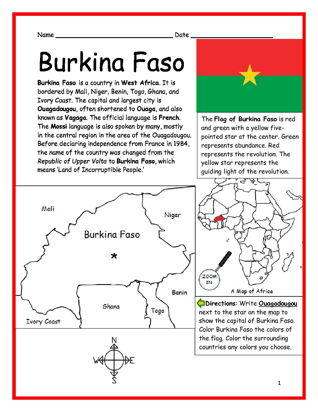 Burkina Faso Printable Worksheet with Map and Flag