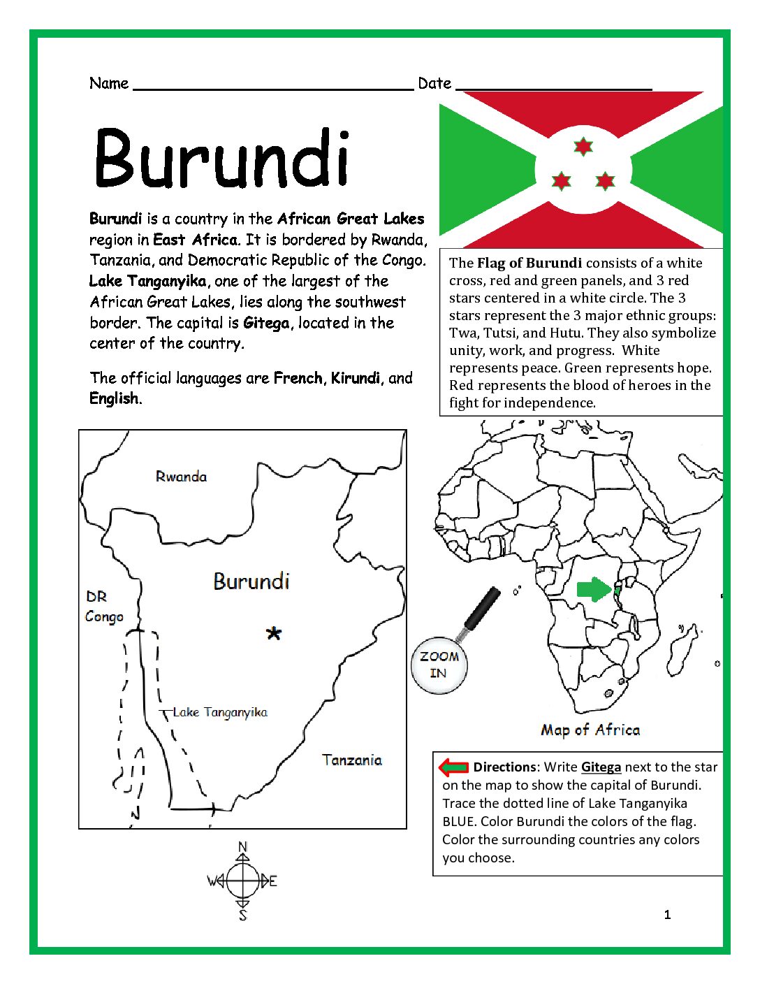 Burundi Printable Worksheet with Map and Flag
