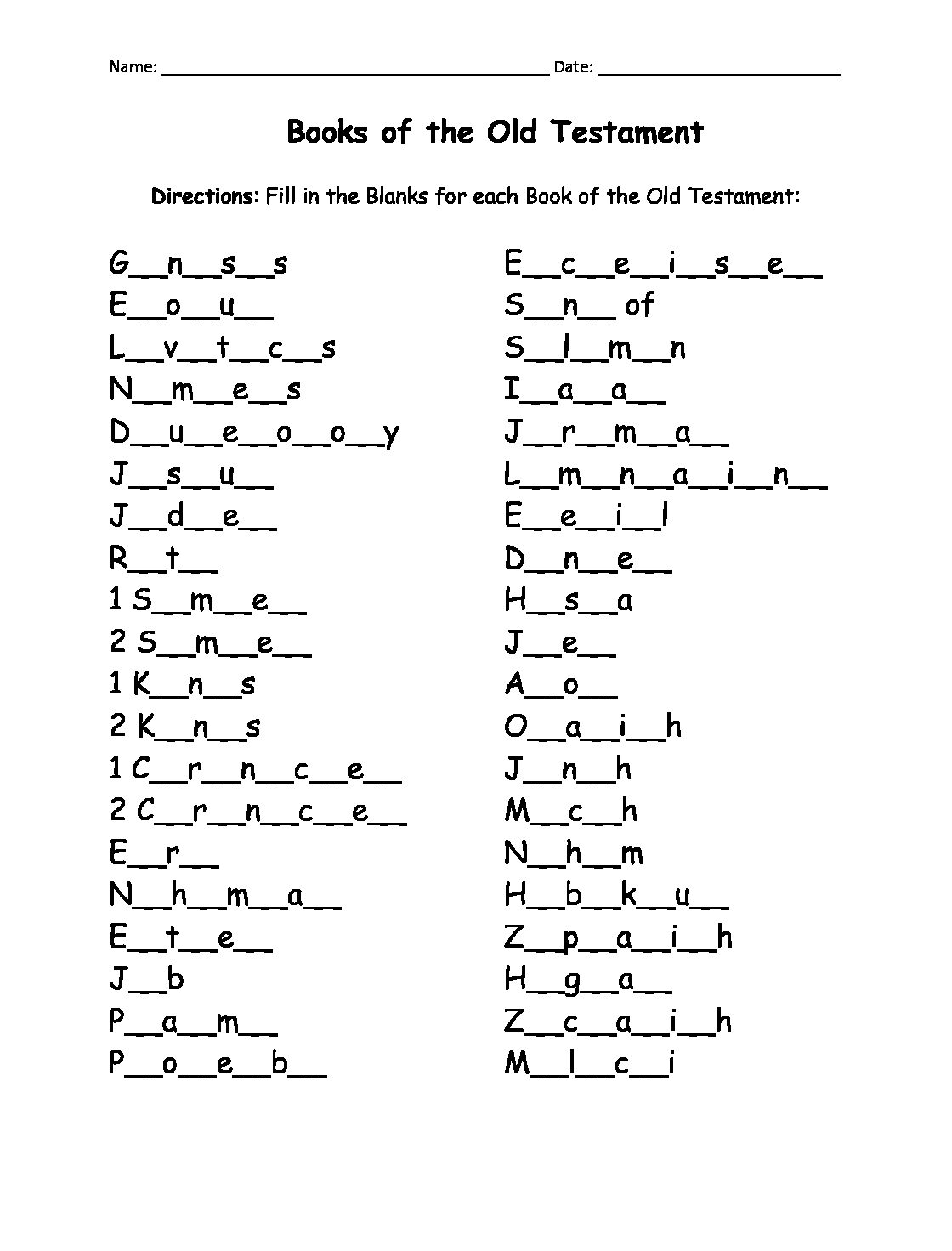 Books of the Old Testament Printable Fill in the Blanks Activity