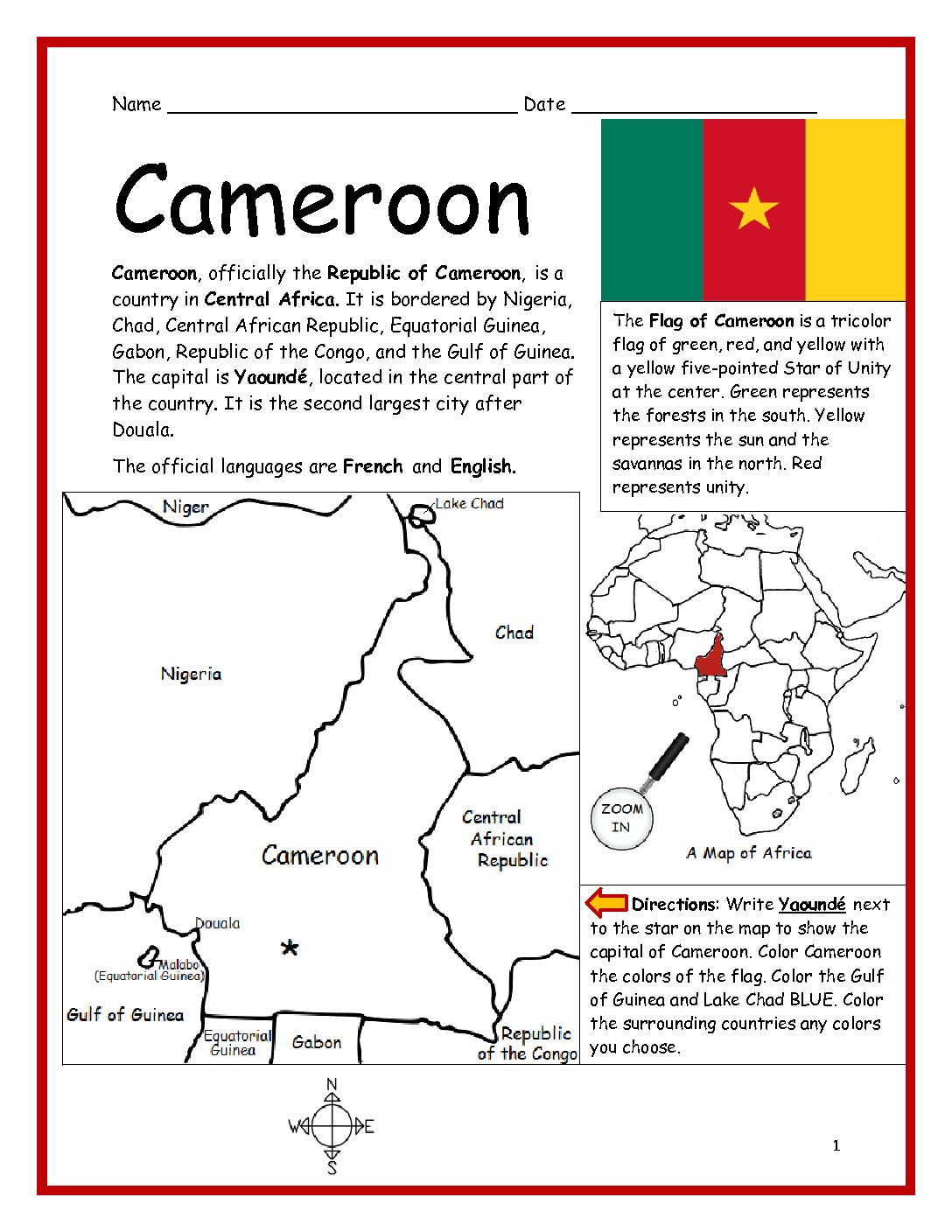 Cameroon Printable Worksheet with Map and Flag