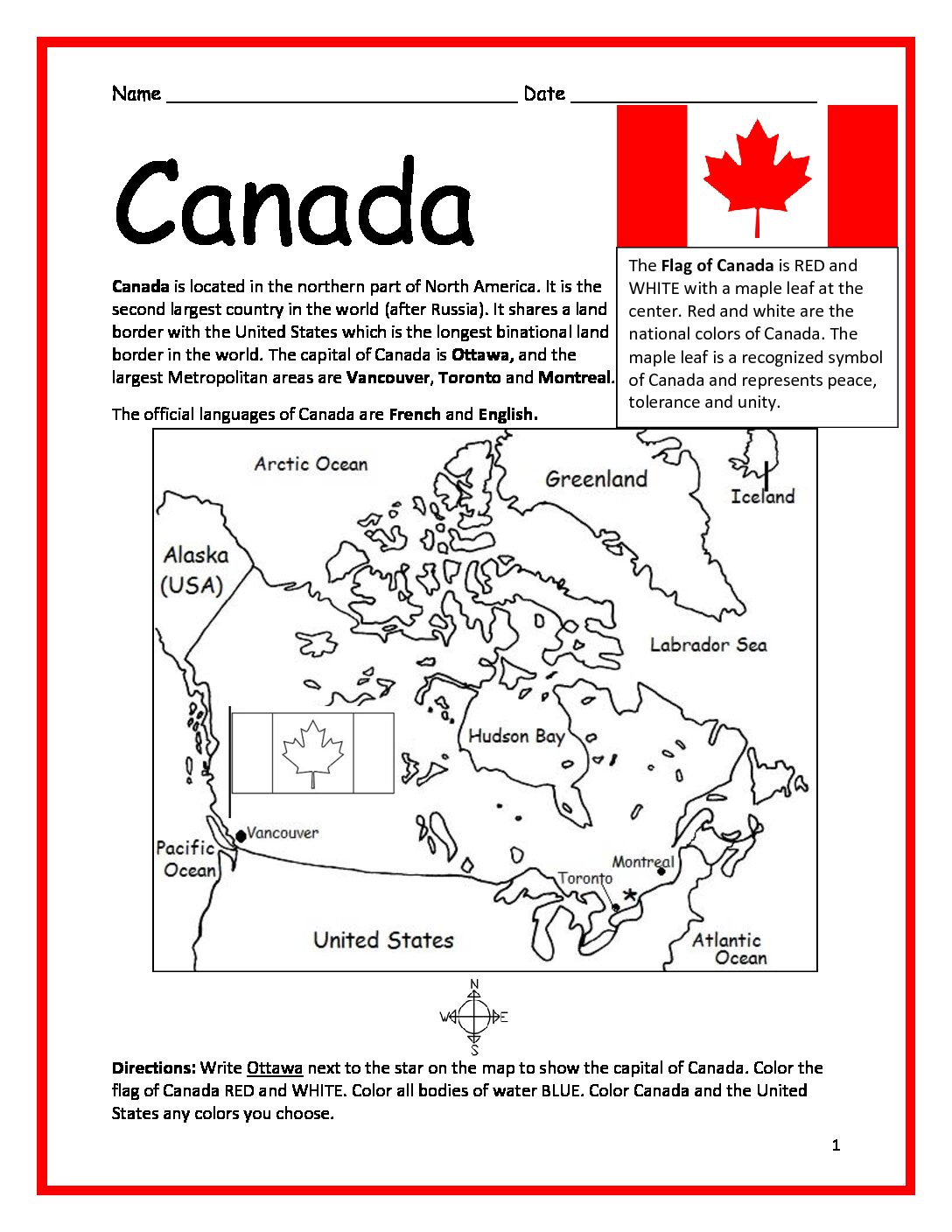 Canada Printable Worksheet with Map and Flag