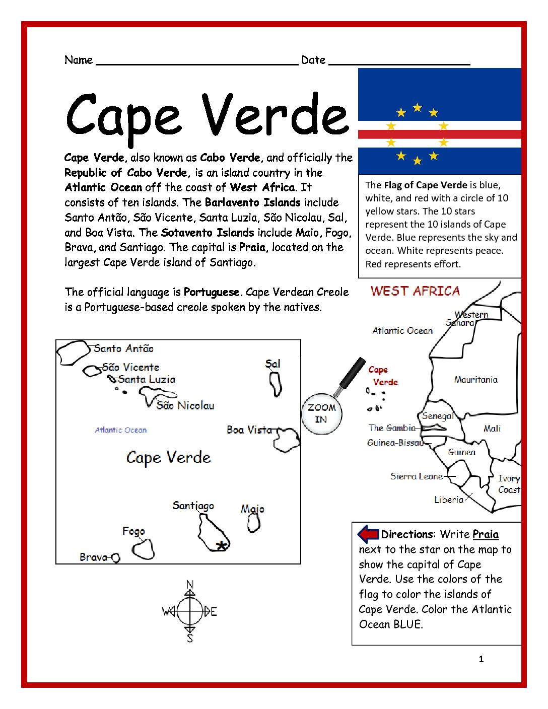 Cape Verde Printable Worksheet with Map and Flag