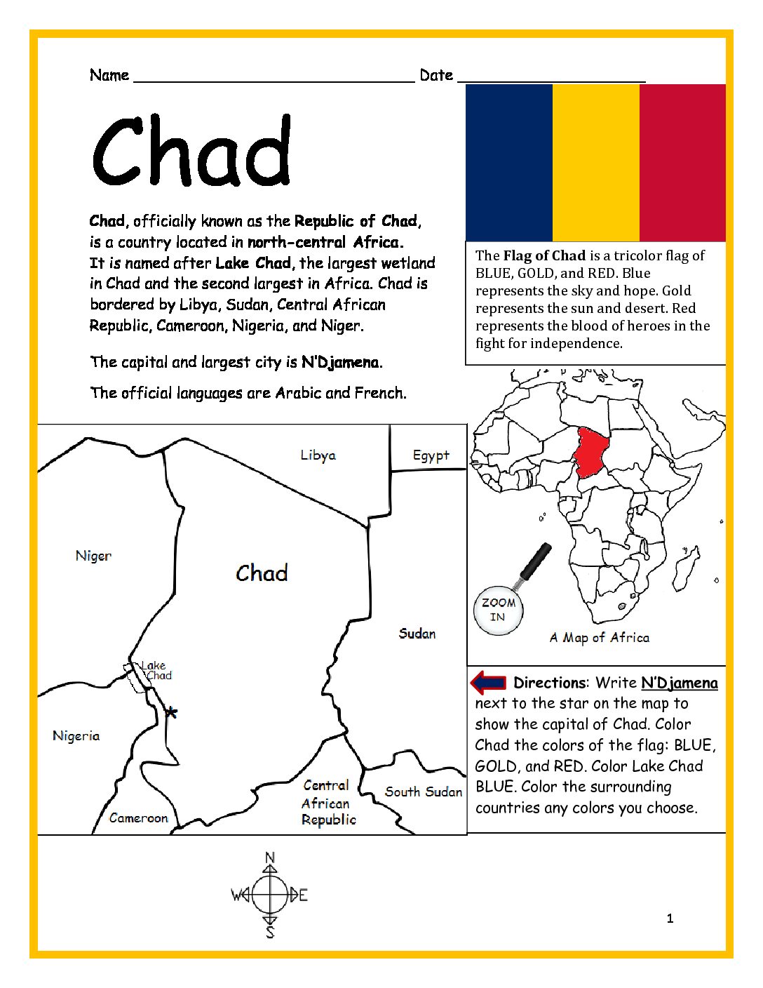 Chad Printable Worksheet with Map and Flag