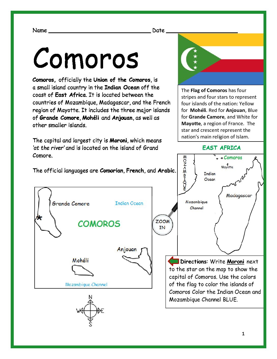 Comoros Printable Worksheet with Map and Flag