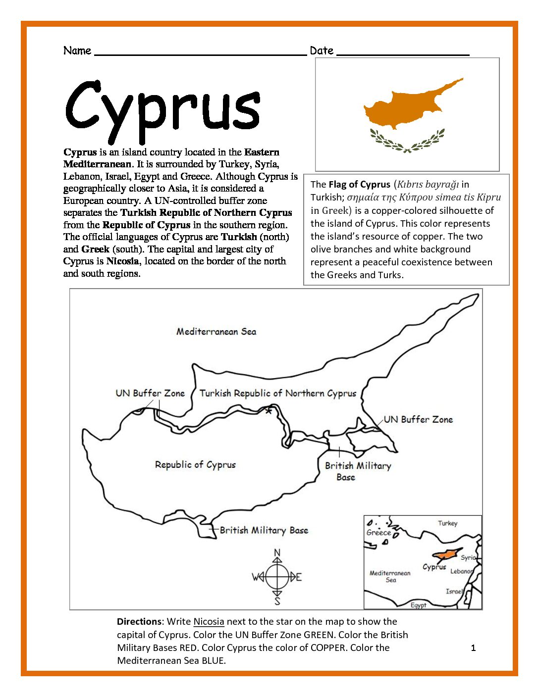 Cyprus Printable Worksheet with Map and Flag