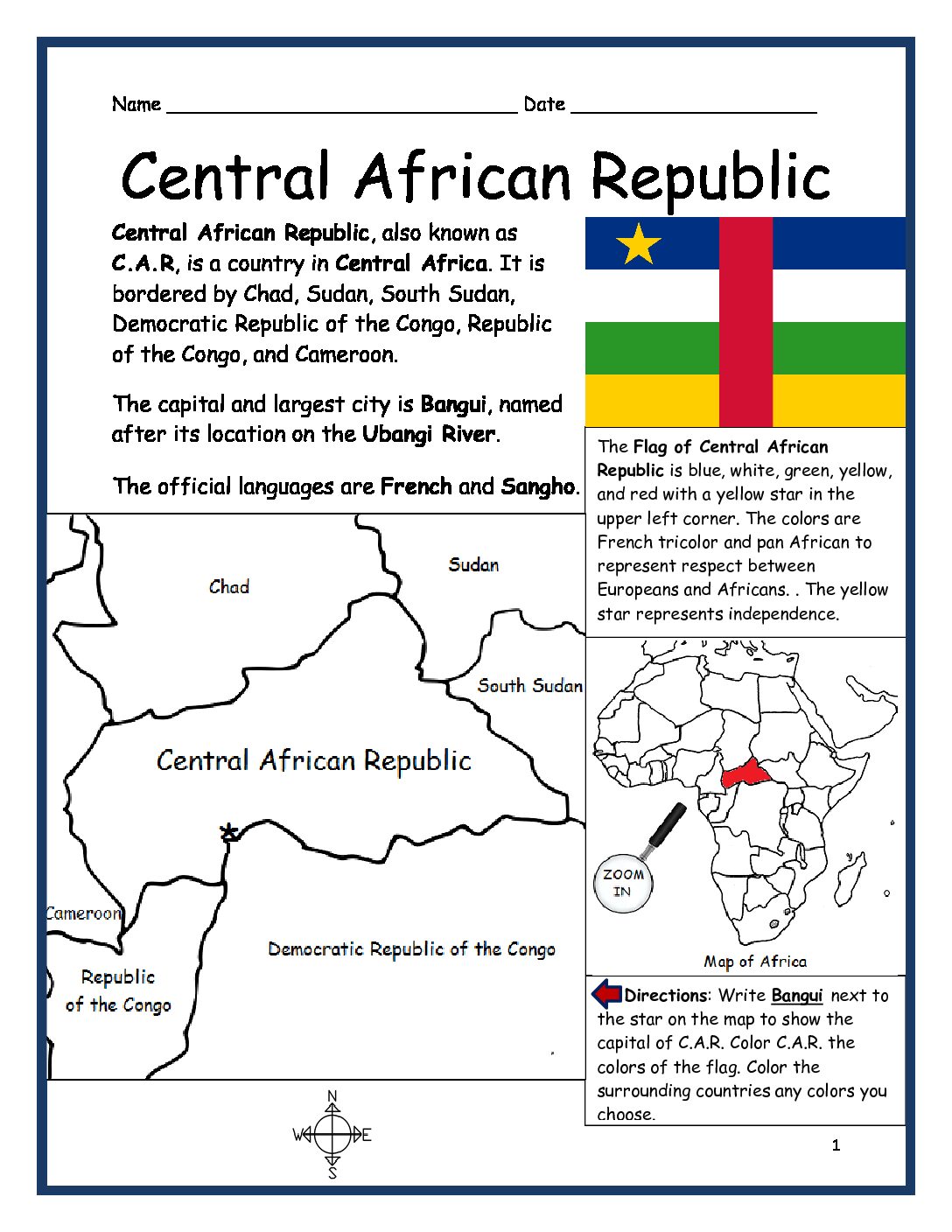 Central African Republic Printable Worksheet with Map and Flag