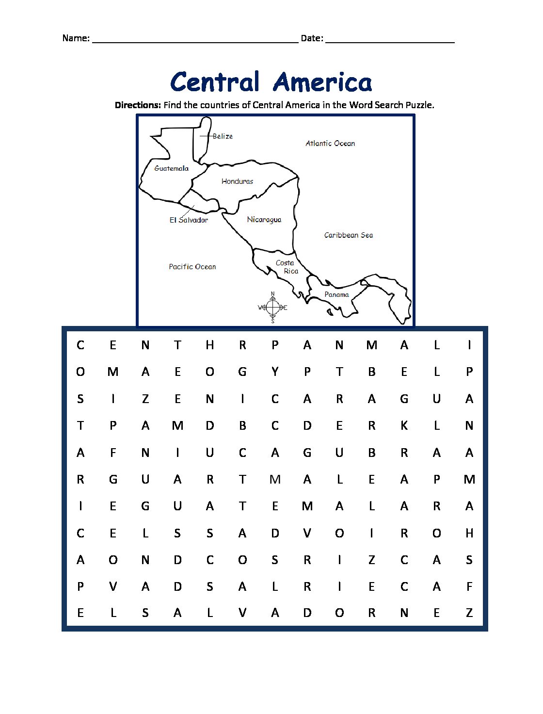 Central America Printable Map and Word Search Puzzle Activity
