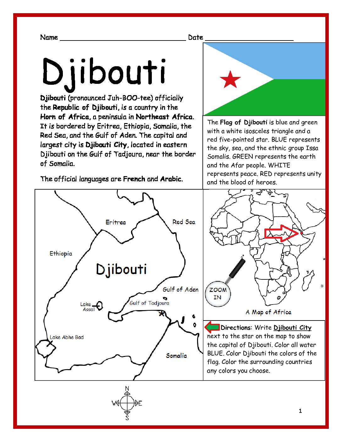 Djibouti Printable Worksheet with Map and Flag
