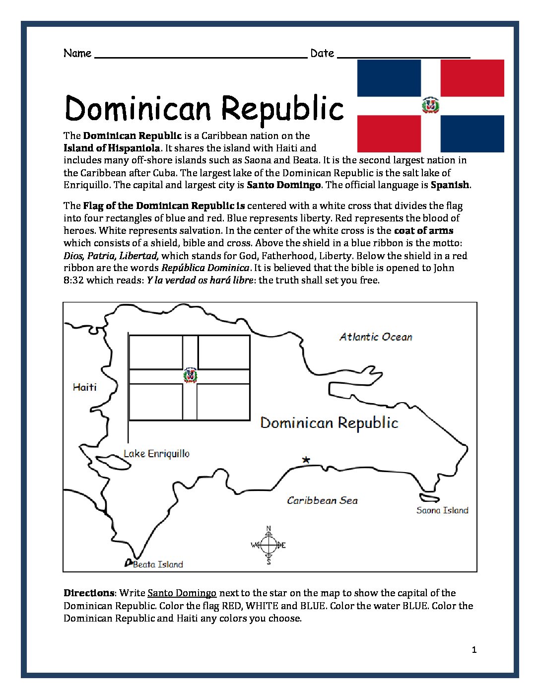 Dominican Republic Printable Worksheet with Map and Flag