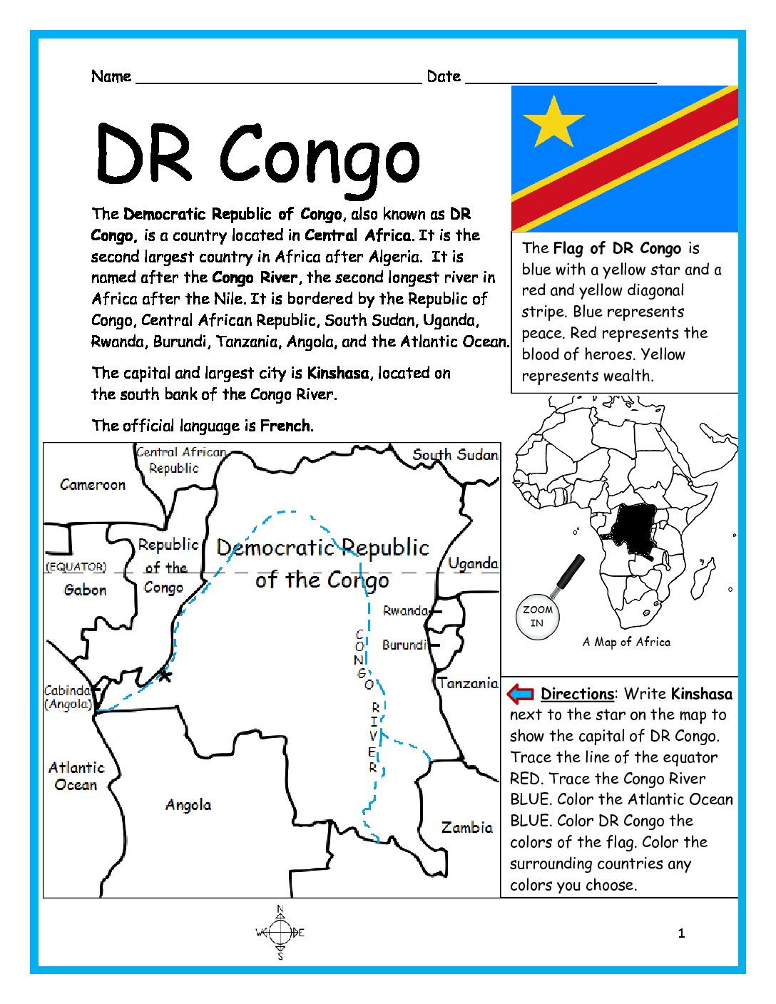 Democratic Republic of Congo Printable Worksheet with Map and Flag