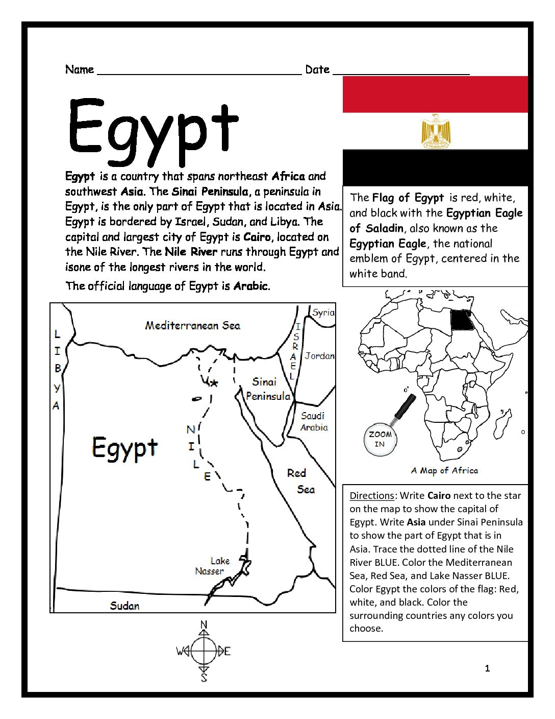 Egypt Printable Worksheet with Map and Flag