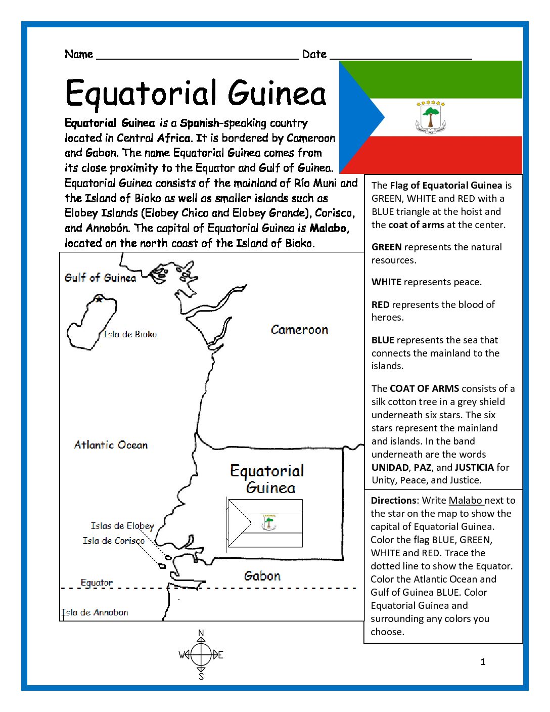 Equatorial Guinea Printable Worksheet with Map and Flag