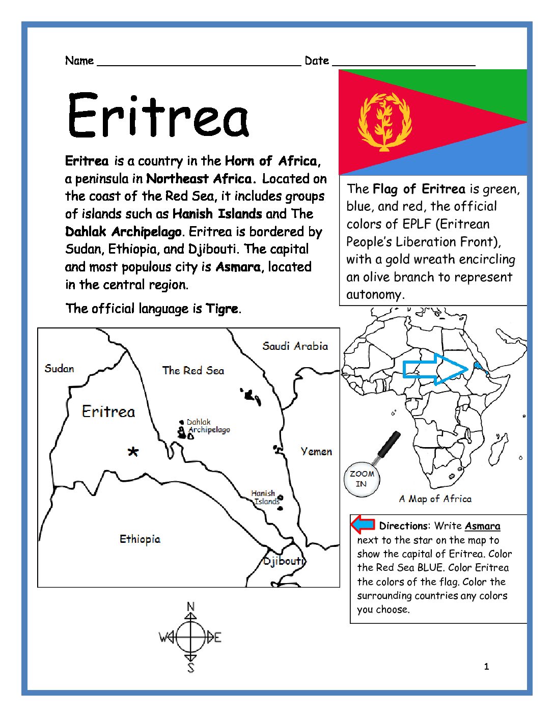 Eritrea Printable Worksheet with Map and Flag