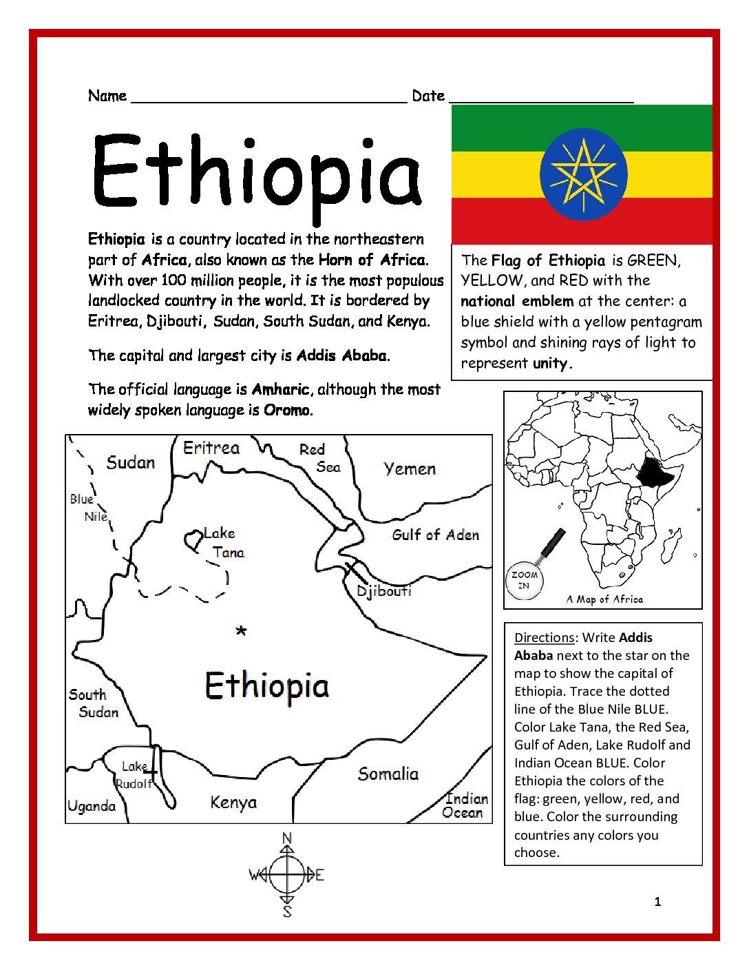 Ethiopia Printable Worksheet with Map and Flag