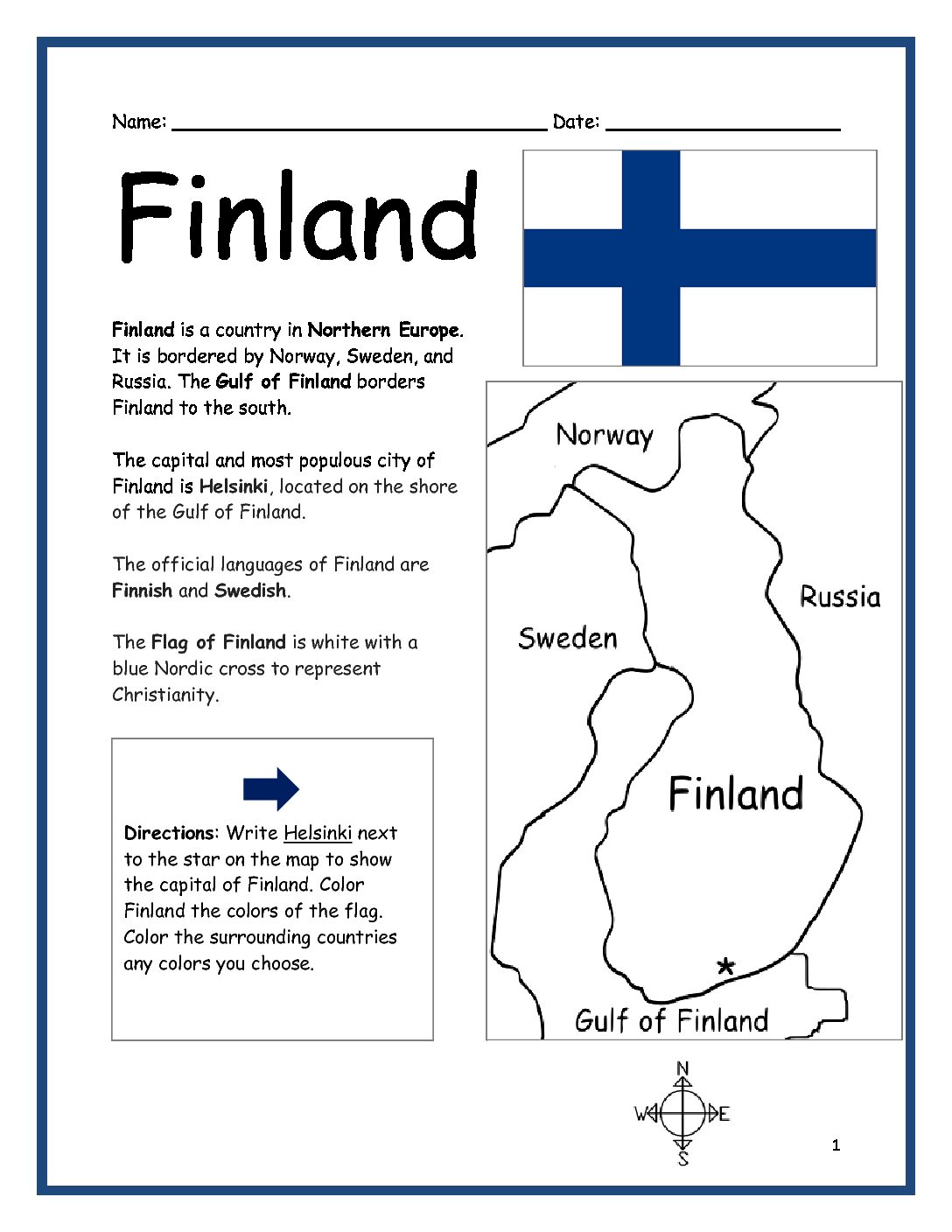 Finland Printable Worksheet with Map and Flag