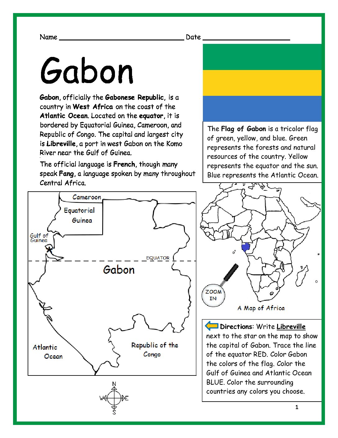 Gabon Printable Worksheet with Map and Flag