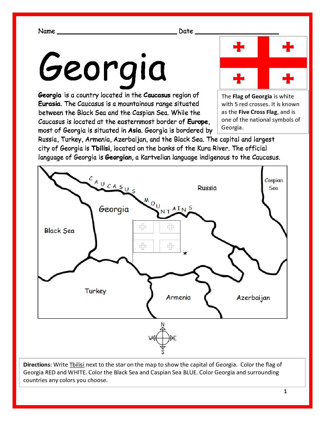Georgia Country Printable Worksheet with Map and Flag