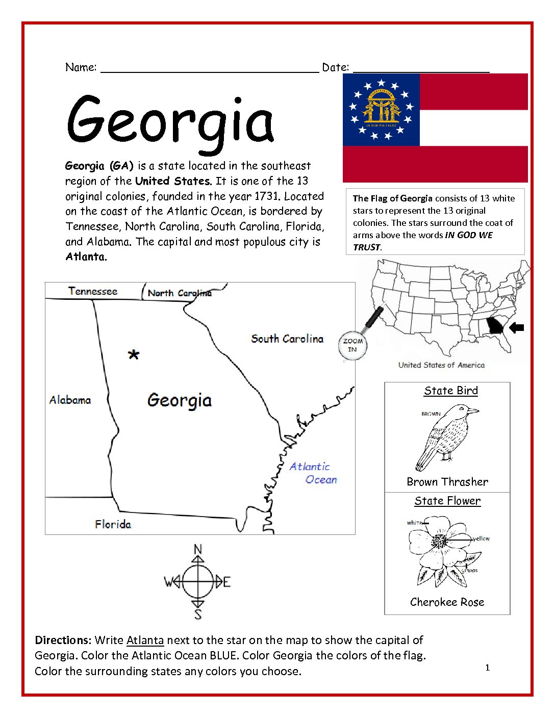 Georgia State Printable Worksheet with Map and Flag