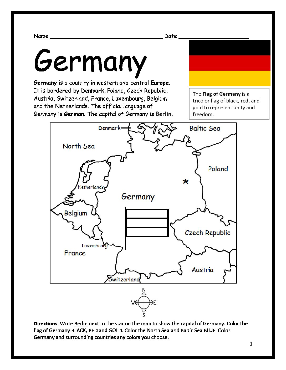 Germany Printable Worksheet with Map and Flag