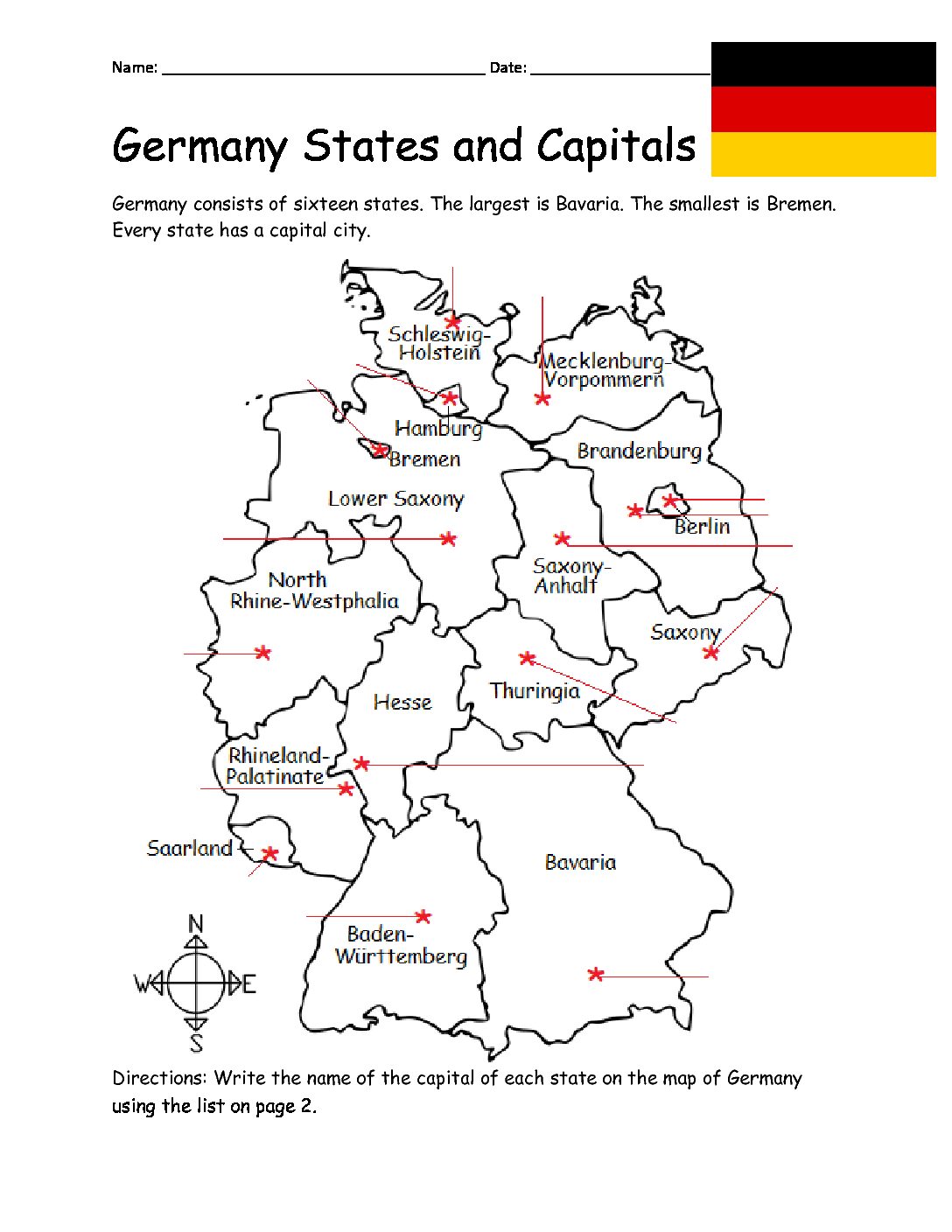 Germany States and Capitals Printable Worksheet