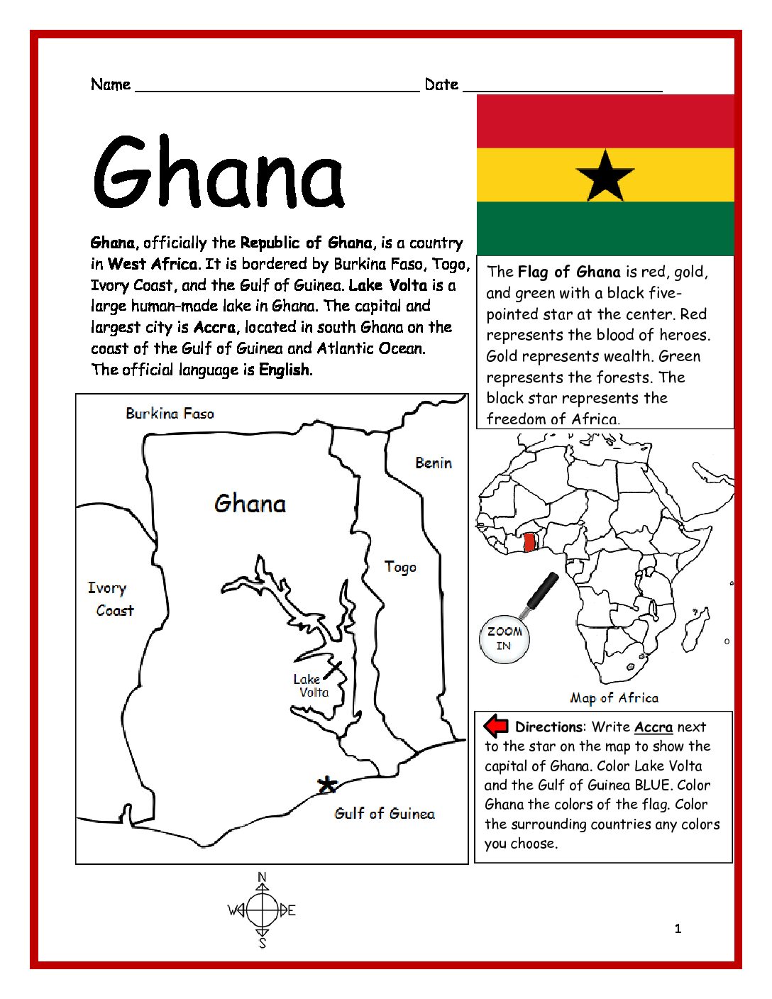 Ghana Printable Worksheet with Map and Flag