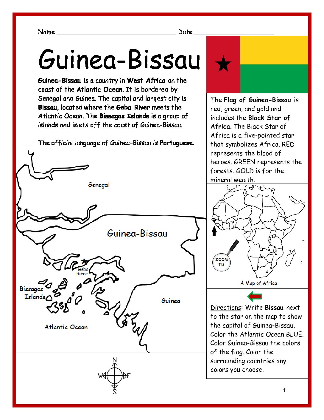 Guinea-Bissau Printable Worksheet with Map and Flag