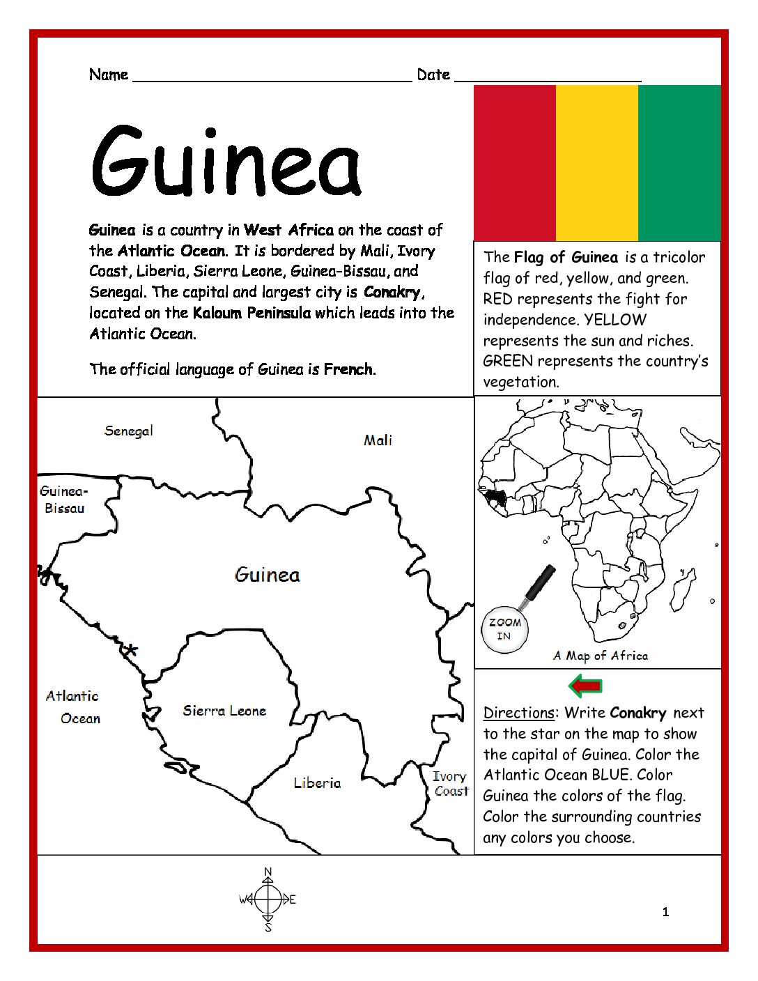 Guinea Printable Worksheet with Map and Flag