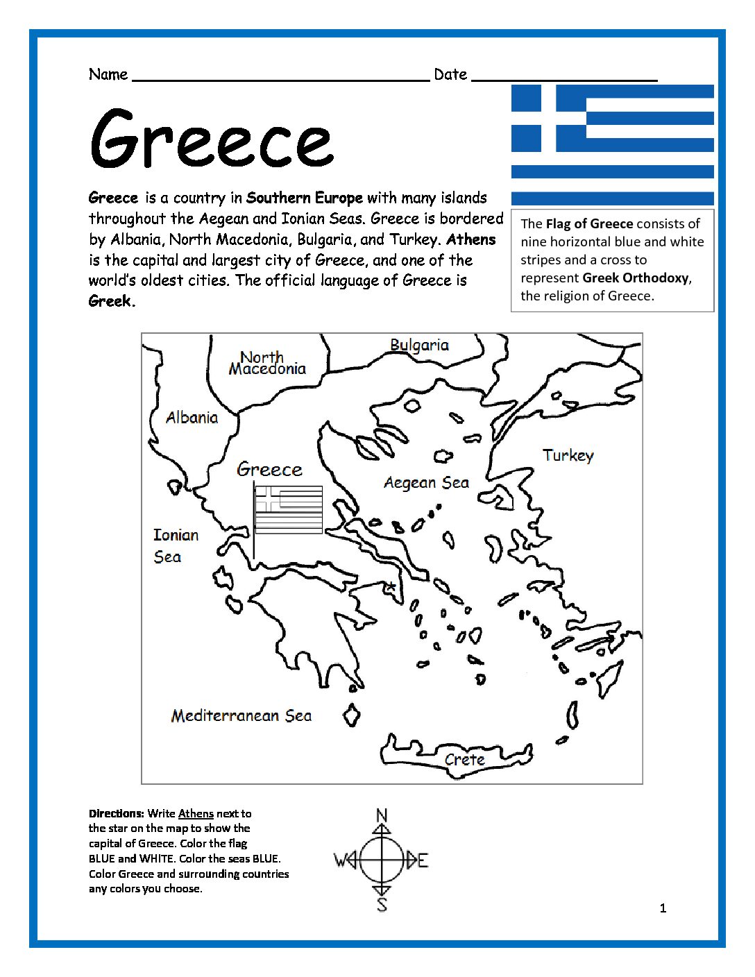 Greece Printable Worksheet with Map and Flag
