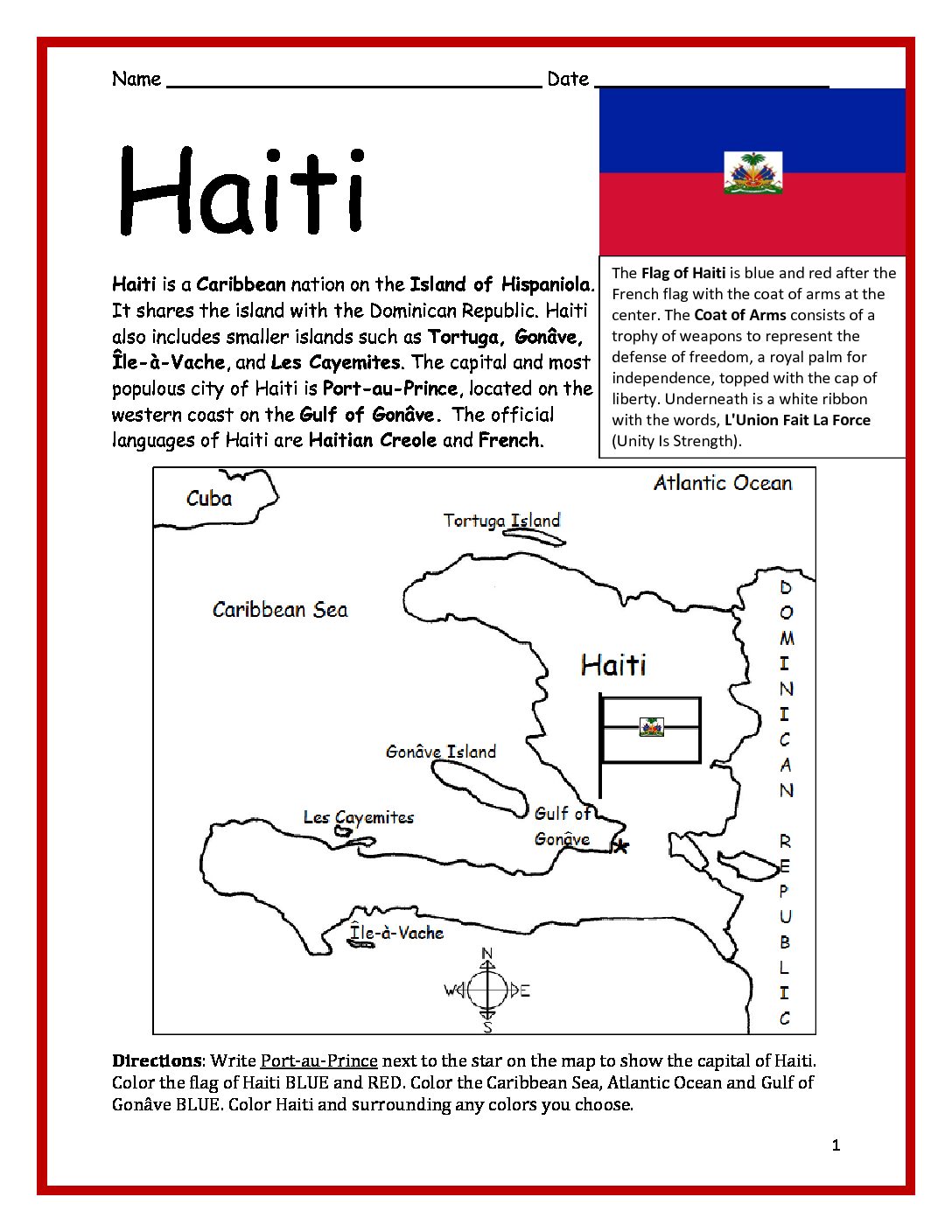 Haiti Printable Worksheet with Map and Flag