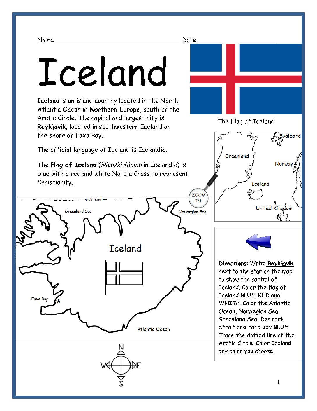 Iceland Printable Worksheet with Map and Flag
