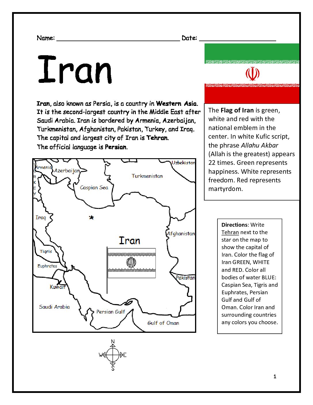 Iran Printable Worksheet with Map and Flag