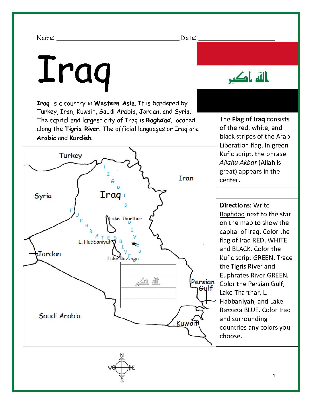 Iraq Printable Worksheet with Map and Flag
