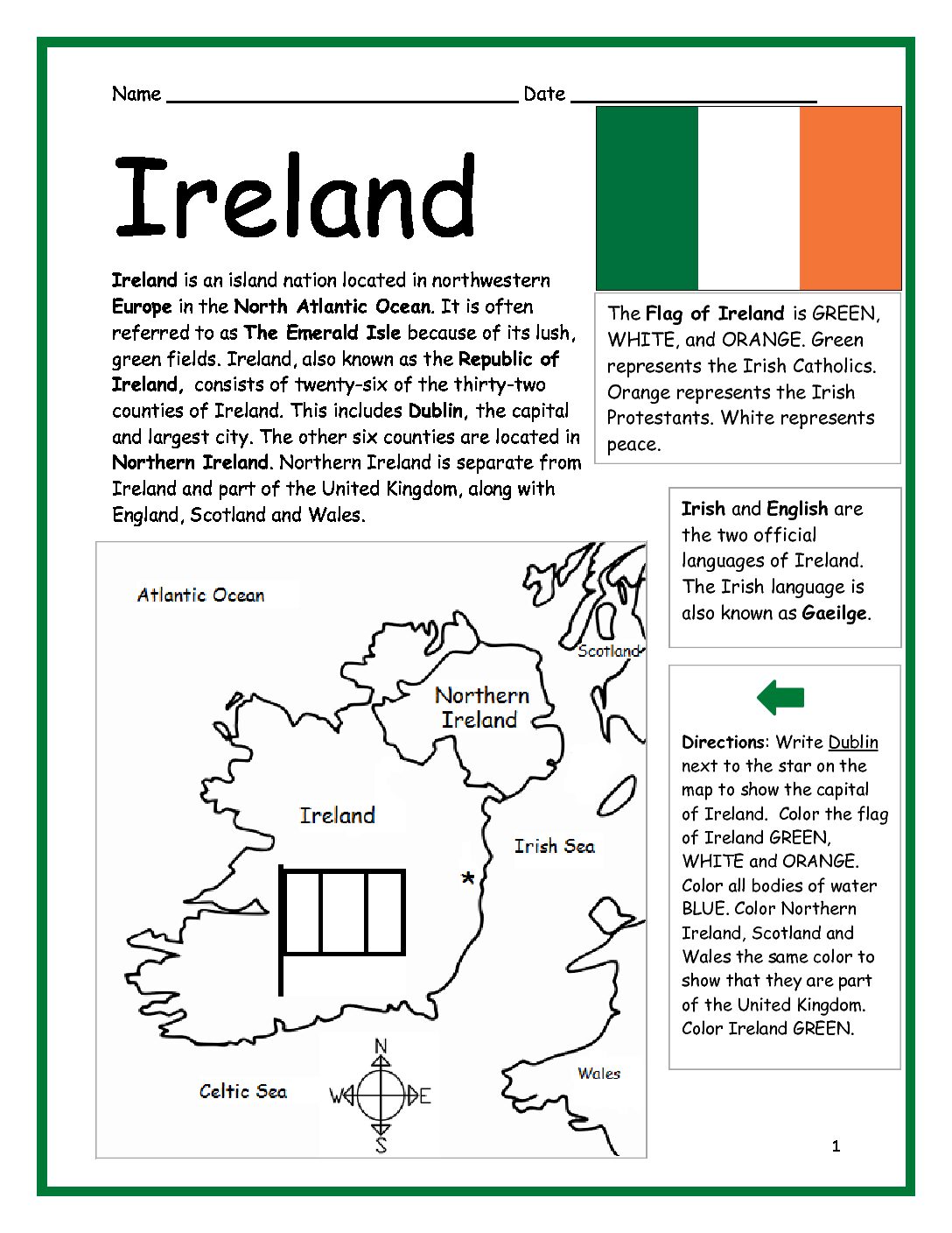 Ireland Printable Worksheet with Map and Flag
