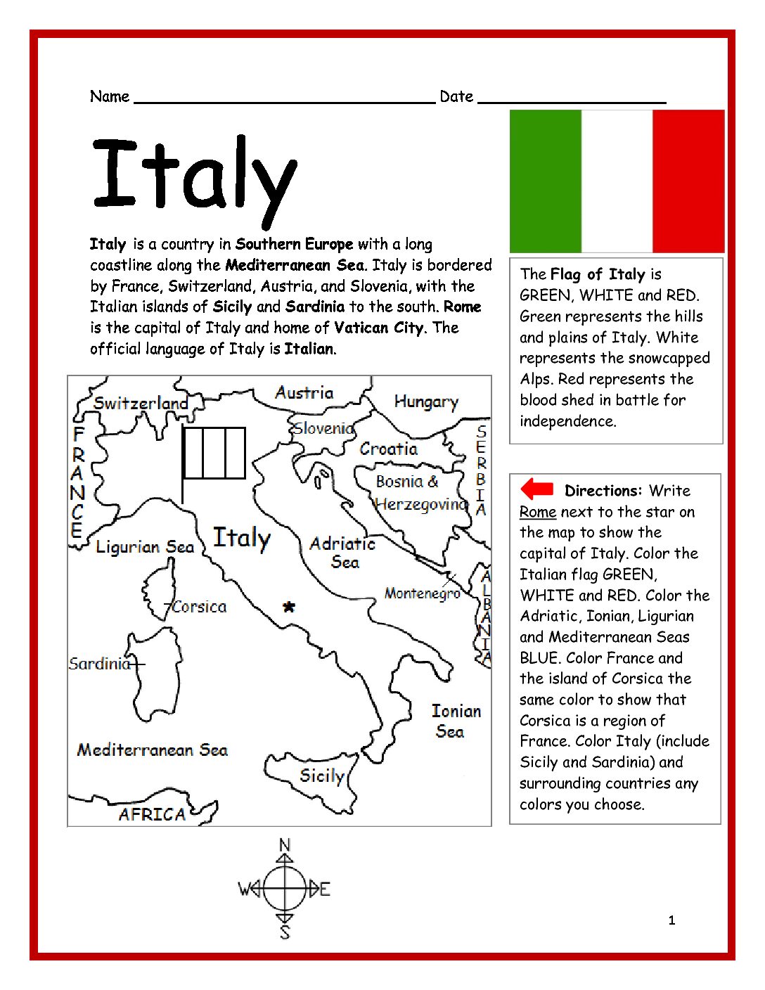 Italy Printable Worksheet with Map and Flag