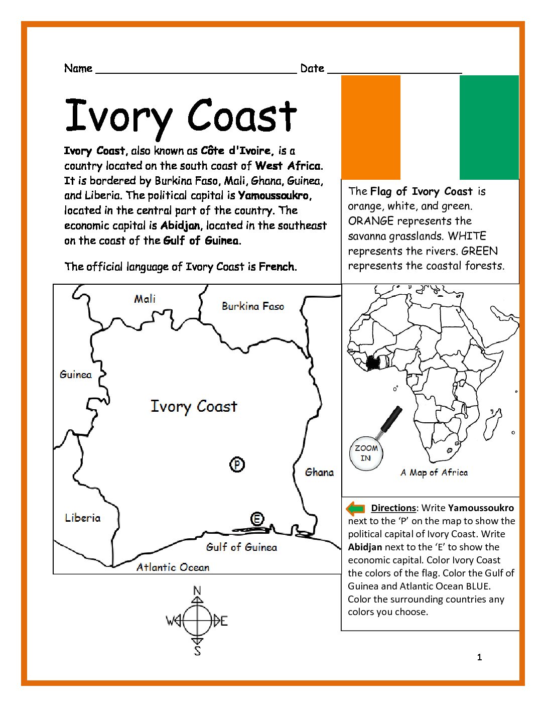 Ivory Coast Printable Worksheet with Map and Flag