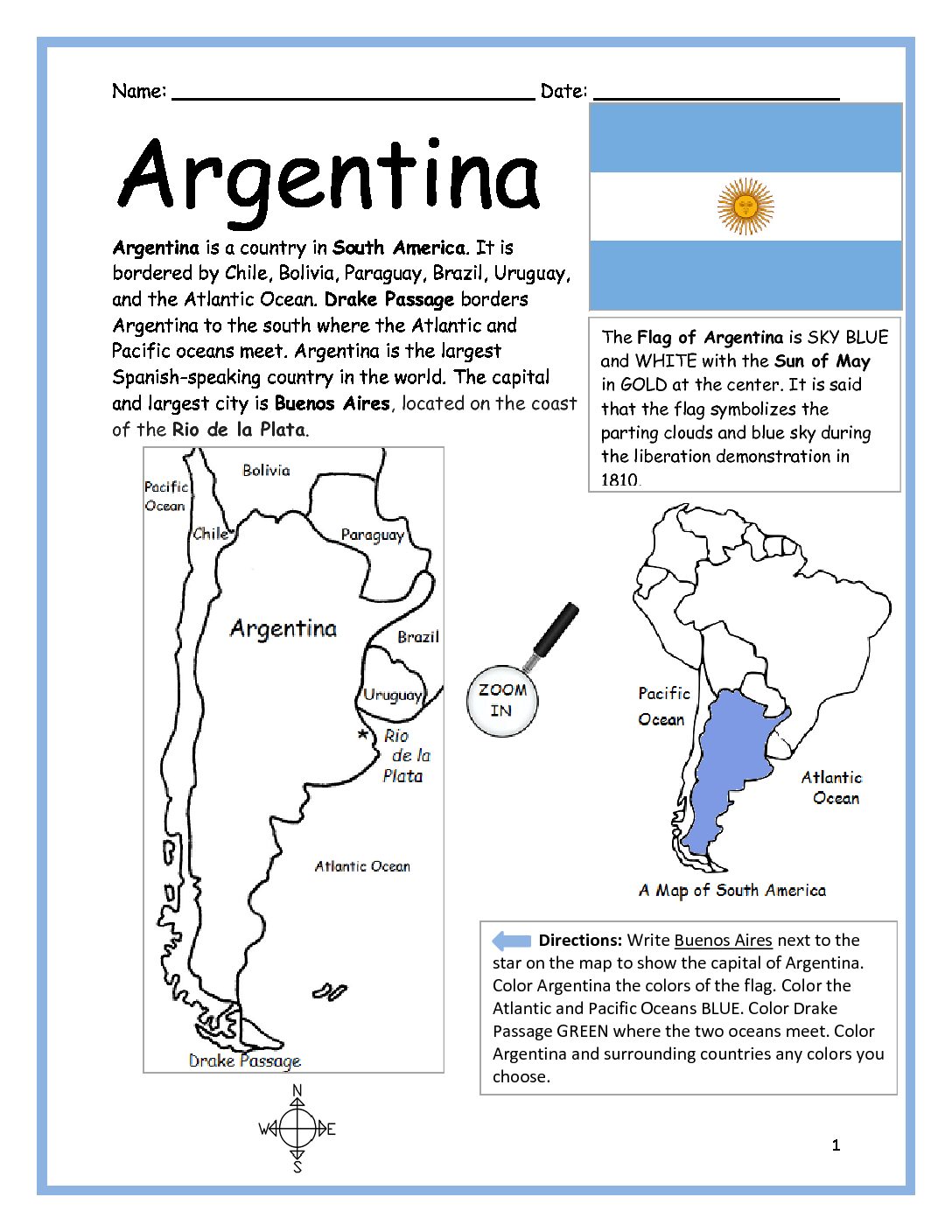 Argentina Printable Worksheet with Map and Flag