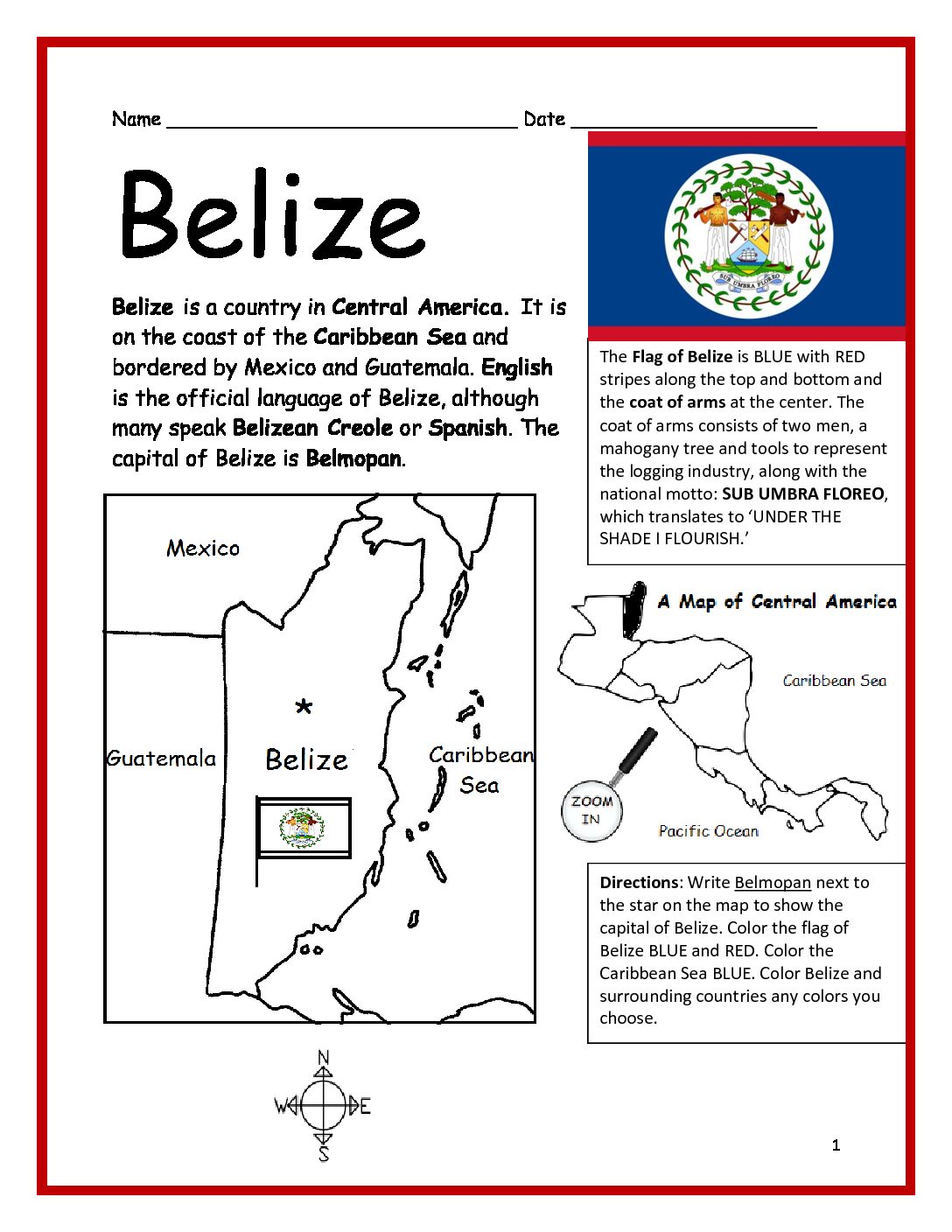 Belize Printable Worksheet with Map and Flag