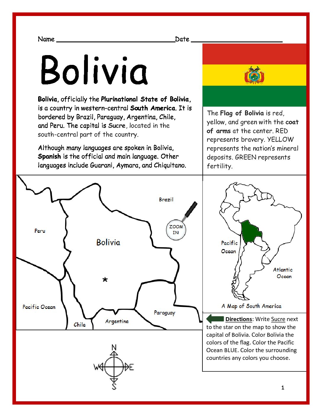 Bolivia Printable Worksheet with Map and Flag