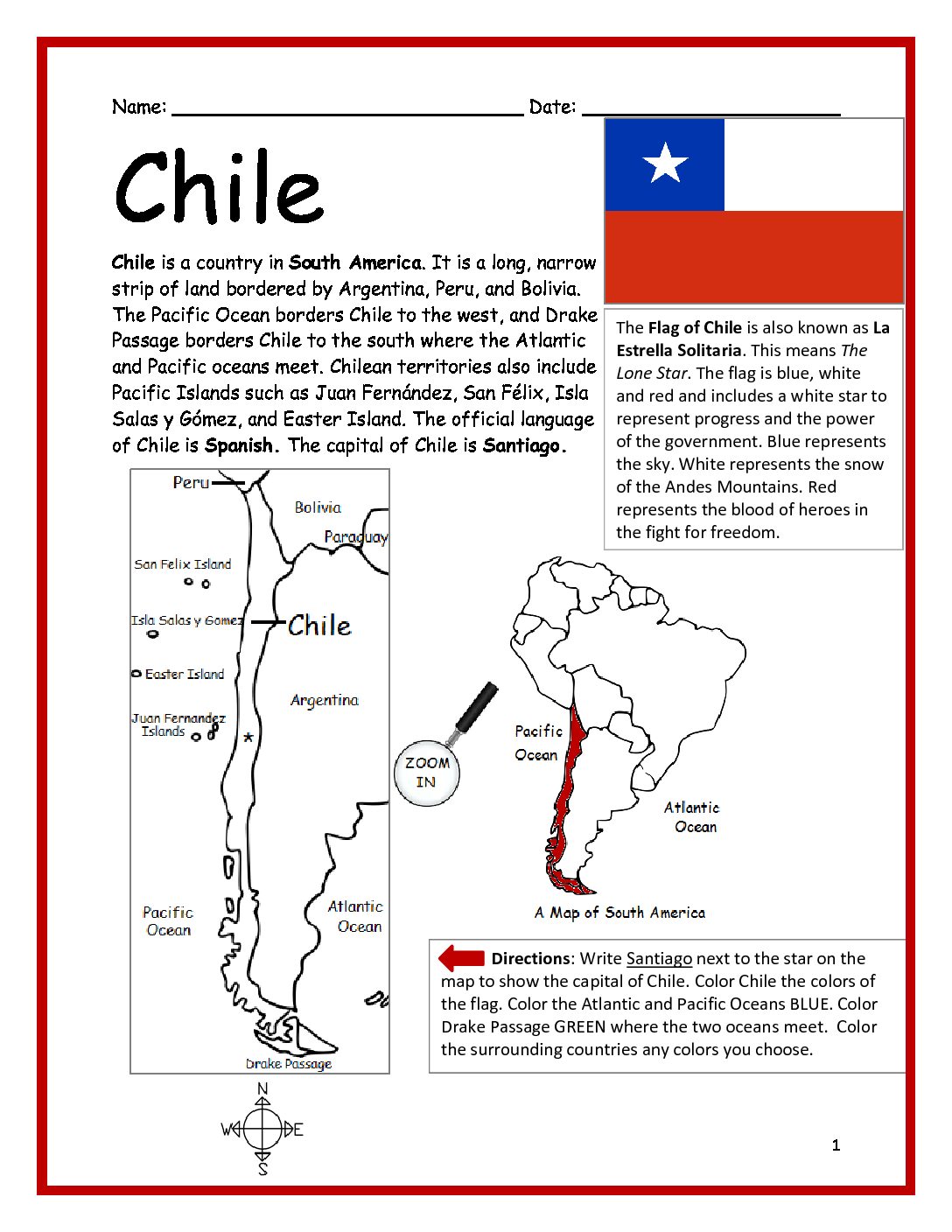Chile Printable Worksheet with Map and Flag