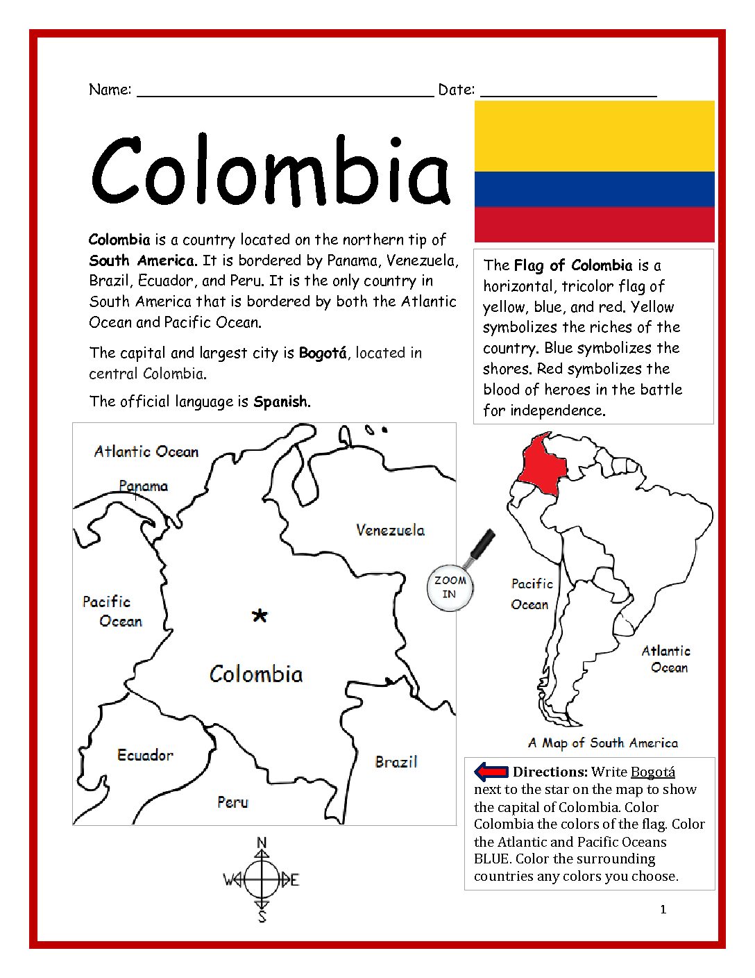 Colombia Printable Worksheet with Map and Flag